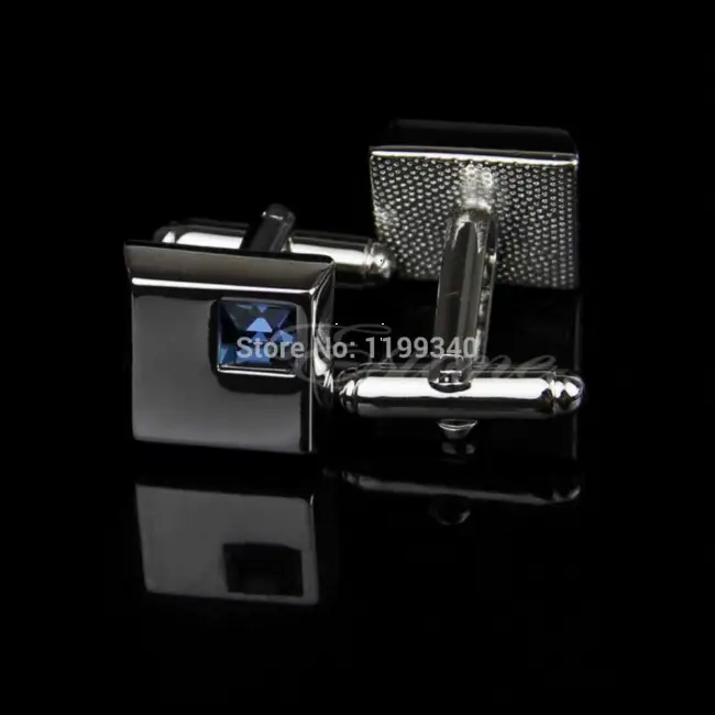Silver Square Cuff Link with Blue Crystal