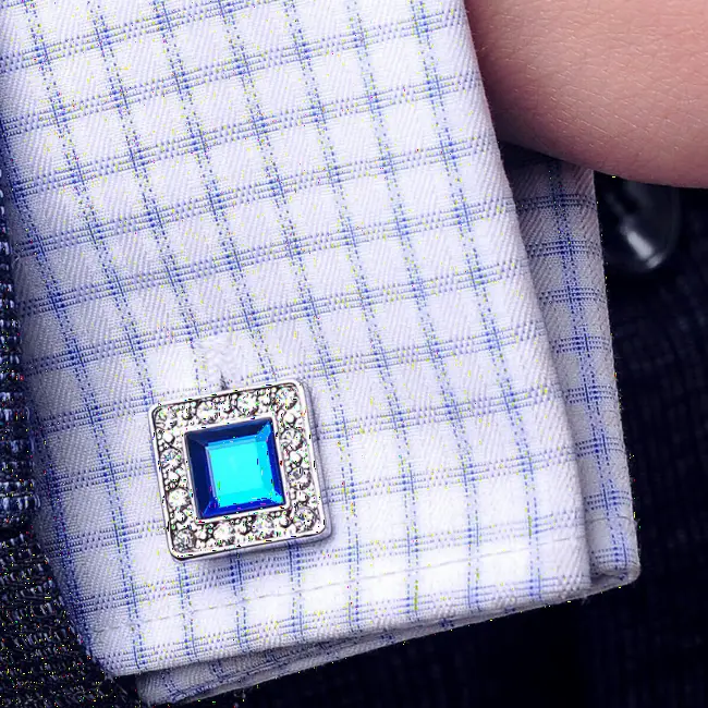 Silver cuff links for mens with diamonds and Blue crytal