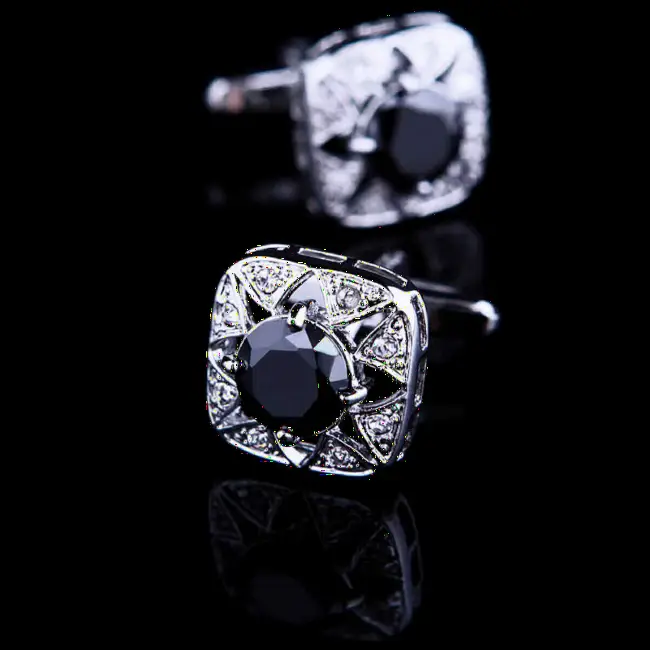 Rounded Rectangle Cuff links with Black Crystal